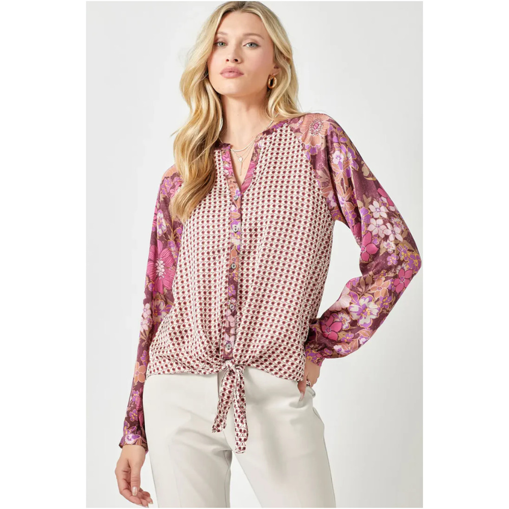 Mystree Button Up Shirt Womens S Merlot Burgundy Tie Front Mixed Floral Boho